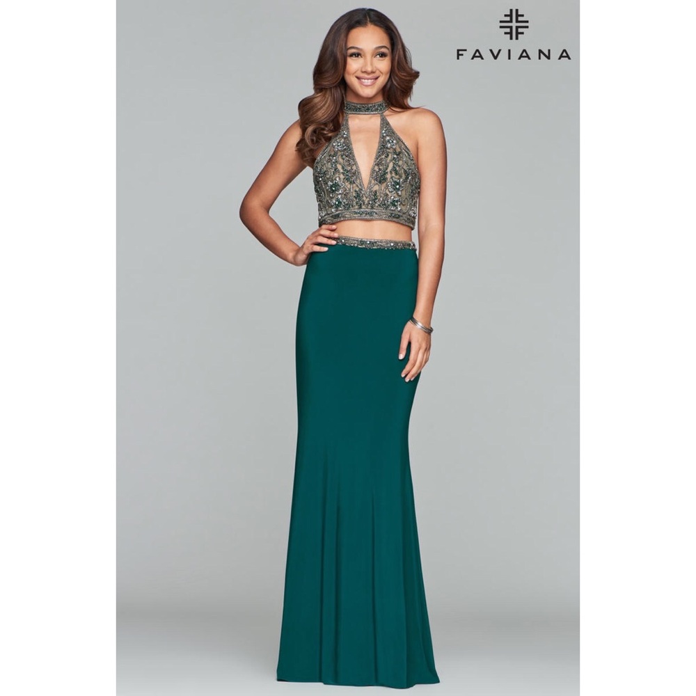 Faviana glamour beaded bodice halter top and skirt combination gown dress
